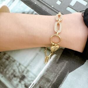 Gold‑Tone Adjustable Mixed Chain Bracelet, Rhinestone Oval Heart Charm Women NWT